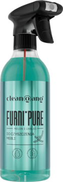 Turkusowa butelka spray Furni*Pure płyn do czyszczenia mebli melon i jabłko 500ml, z czarnym spryskiwaczem, widok z przodu.