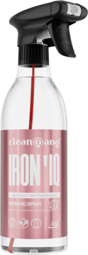 IRONIQ żelazko w sprayu Blossom Sky 500ml, przezroczysta butelka z różową etykietą, czarny atomizer, widok z przodu.