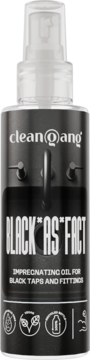 Czarna butelka CleanQang Black*as*fact impregnującego oleju do armatury, z grafiką kranu.