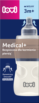 Beżowo-biała butelka Lovi Medical+ 250ml z dynamicznym smoczkiem, antykolkowa, bezpieczna dla piersi, widok z przodu.