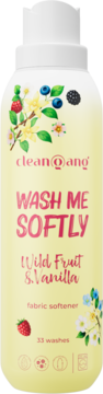 Clean @ ang Wash Me Softly płyn do płukania Wild Fruit & Vanilla, jasnożółta butelka z owocami, front.