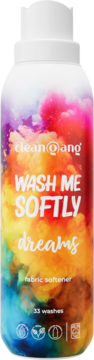 Biała butelka płynu Clean @ ang WASH ME SOFTLY dreams do płukania tkanin, z barwnym wzorem chmur, 33 prania.