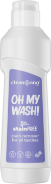 Biała butelka clean@ang OH MY WASH! stain remover do tkanin, z fioletową etykietą, widok z przodu.