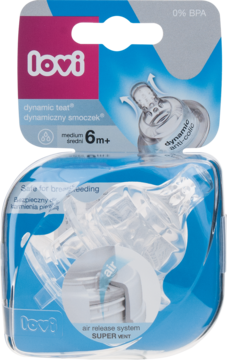 Lovi dynamiczny smoczek 6m+ w przezroczystym blistrze z niebieskim tłem, system antykolkowy, 0% BPA.