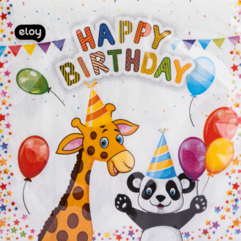 Dekoracyjna serwetka papierowa z żyrafą, pandą, balonami i napisem Happy Birthday, wesoły wzór.