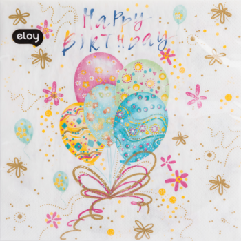 Serwetka papierowa dekoracyjna Eloy z napisem Happy Birthday, kolorowymi balonami i confetti, widok z góry.