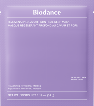 Fioletowa maska Biodance Rejuvenating Caviar PDRN Real Deep Mask, opakowanie front, lekko błyszczące.