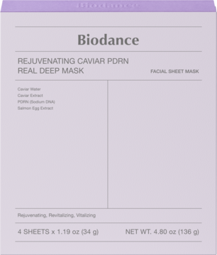 Biodance Rejuvenating Caviar PDRN Real Deep Mask, fioletowe opakowanie 4 masek w płachcie, widok z przodu.