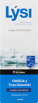 Lyśi Omega-3 Tran islandzki, biało-niebieskie pudełko z grafiką gór lodowych, mega-3 EPA & DHA, naturalny smak, 240 ml.