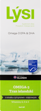 Lýsi Tran islandzki Omega-3 cytrynowo-miętowy, 240ml. Biało-zielone pudełko z witaminami i certyfikatem MSC.