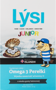 Biało-turkusowe opakowanie Lýsi Junior Omega 3 Perełki, 60 kapsułek o smaku gumy balonowej, widok z przodu.