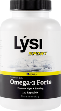 Biała butelka Lýsi SPORT Omega-3 Forte, widok z przodu, z czarną nakrętką i żółto-czarną etykietą.