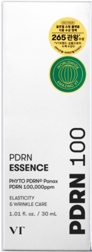 VT PDRN Essence 30ml, białe pudełko ze 100,000ppm PDRN na elastyczność i zmarszczki, z certyfikatami, widok z przodu.