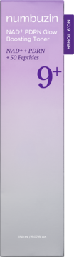 Fioletowe pudełko numbuzin No.9 NAD+ PDRN Glow Boosting Toner 150ml, z białym napisem, widok z przodu.