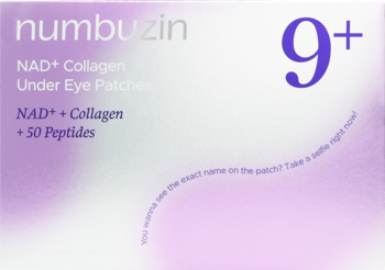 Numbuzin No.9 NAD+ Collagen Under Eye Patches, biało-fioletowe opakowanie, z napisem NAD+ Collagen +50 Peptides.
