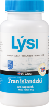 Biała butelka Lýsi Tran islandzki, suplement diety 120 kapsułek, niebieska zakrętka, widok z przodu.