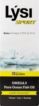 Lýsi Sport Omega-3 Pure Ocean Fish Oil o smaku cytrynowym, biało-czarne opakowanie z lodowcami, widok z przodu.