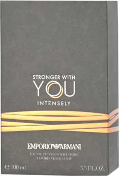 Męska woda perfumowana Giorgio Armani Stronger With You Intensely 100ml, ciemnoszare pudełko z złotymi pasami, widok z przodu.