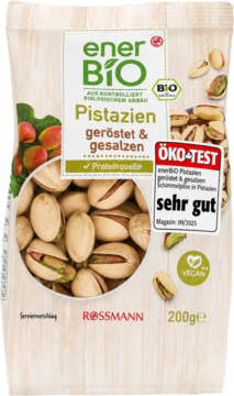EnerBiO Pistazien geröstet & gesalzen w białym opakowaniu 200g, z etykietą ÖKO-TEST 'sehr gut', widok z przodu.