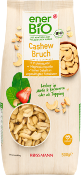 enerBIO Cashew Bruch, 500g, w białym opakowaniu z widocznymi kawałkami nerkowców, przód.