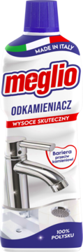 Biała butelka Meglio Odkamieniacz z niebieską nakrętką, widok z przodu. Na etykiecie lśniący kran i prysznic.