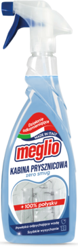 Meglio Kabina Prysznicowa, niebieski płyn do czyszczenia, butelka spray, zero smug, widok z przodu.
