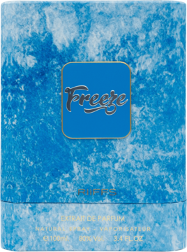 Opakowanie Riffs Freeze Eau de Parfum o błękitno-lodowej fakturze z nazwą na niebieskiej etykiecie, widok z przodu.