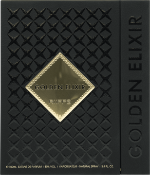 Czarny, teksturowany kartonik perfum Golden Elixir, złota etykieta w kształcie rombu, pionowy napis na boku.