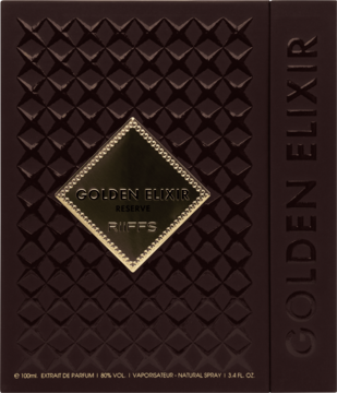 Ciemnobrązowe, wytłaczane opakowanie perfum GOLDEN ELIXIR Riffs ze złotą etykietą w kształcie rombu, widok z przodu.