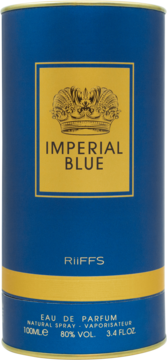 RiiFFS Imperial Blue, woda perfumowana w niebieskim cylindrze ze złotym logo korony i napisem, przód.