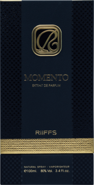 RIIFFS MOMENTO Extrait de Parfum, ciemnoniebieskie, teksturowane pudełko ze złotymi zdobieniami, przód.