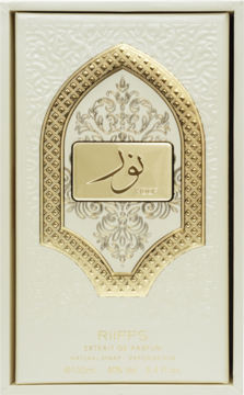 Perfumy RIIFFS Noor Extrait de Parfum w kremowym pudełku, złoty ozdobny łuk, napis arabski i wytłoczenia.