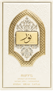 Białe pudełko perfum RiiFFS Noor z wytłoczonym wzorem i złotym panelem z arabskim napisem, widok z przodu.