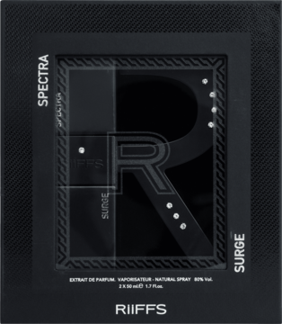 Czarny, teksturowany zestaw perfum RIIFFS Spectra Surge, w pudełku z wycięciem 'R' i przezroczystym oknem.