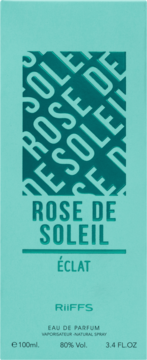 Pionowe opakowanie perfum RiiFFS ROSE DE SOLEIL ÉCLAT, turkusowe z napisami w ciemniejszym odcieniu.