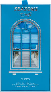 Błękitne opakowanie perfum Seasons Drift RIIFFS z okienkiem plaży i pomostu, front. Świeży zapach morski.