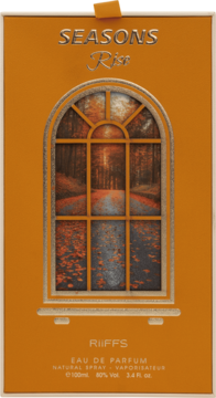 Jesienne perfumy RiiFFS Seasons Rise, pomarańczowe opakowanie z ozdobnym oknem na jesienny las.