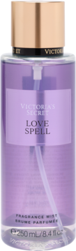 Victoria's Secret Love Spell, fioletowa mgiełka zapachowa w przezroczystej butelce 250ml, złoty korek, widok z przodu.