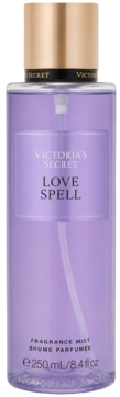 Victoria's Secret Love Spell mgiełka zapachowa w fioletowej butelce z złotą zakrętką, widok z przodu.