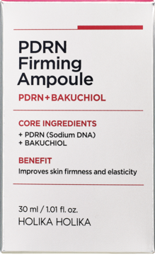 Holika Holika PDRN Firming Ampoule PDRN+Bakuchiol, białe opakowanie z czerwonym akcentem, widok z przodu.