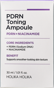Holika Holika PDRN Toning Ampoule 30ml, białe pudełko z kluczowymi składnikami PDRN+Niacinamide na froncie.