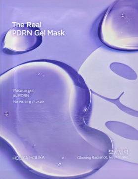 Opakowanie Holika Holika The Real PDRN Gel Mask w fioletowych odcieniach z kroplami żelu i fragmentem maski.