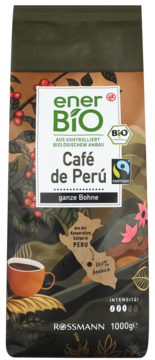 Opakowanie kawy ziarnistej ener BIO Café de Perú 1000g, z logo Rossmann i Fairtrade, widok z przodu.