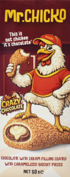 Czekolada Mr.CHICKO, opakowanie z kurczakiem, czekoladowe udko z kremowym nadzieniem i kawałkami biszkoptu. Widok z przodu.