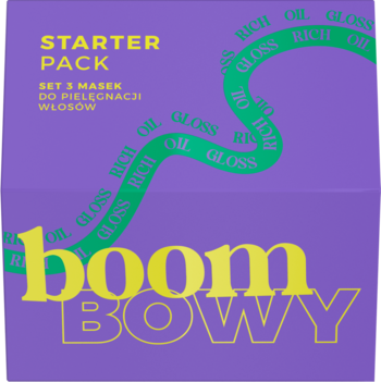 Fioletowe opakowanie BOMBA Starter Pack, 3 maski, z żółtym napisem 'boom BOWY' i zieloną falą, widok z przodu.