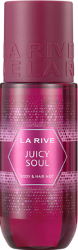 LA RIVE Juicy Soul mgiełka do ciała i włosów, różowa butelka z kropkowanym wzorem, widok z przodu.