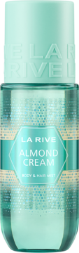 Transparentna butelka LA RIVE Almond Cream Body & Hair Mist z turkusowym płynem i hexagonalną etykietą, widok z przodu.