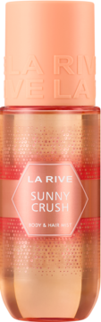 LA RIVE Sunny Crush mgiełka do ciała i włosów, przezroczysta butelka z pomarańczowym płynem i nakrętką, widok z przodu.