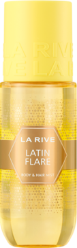 Żółta, transparentna butelka LA RIVE Latin Flare Body & Hair Mist z złotą etykietą, widok z przodu.
