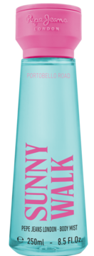 Pepe Jeans London Sunny Walk body mist, blue conical bottle, pink cap, 'Portobello Road', 250ml, front view.